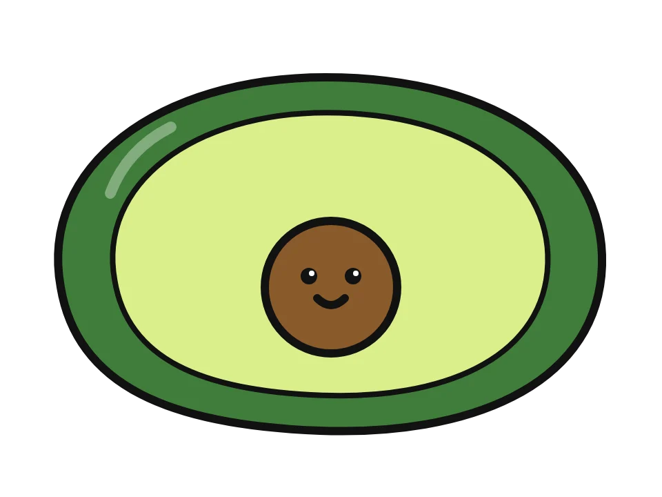 Avocado half with a pit: painted rock design sketch, an avocado half with a smiling pit
