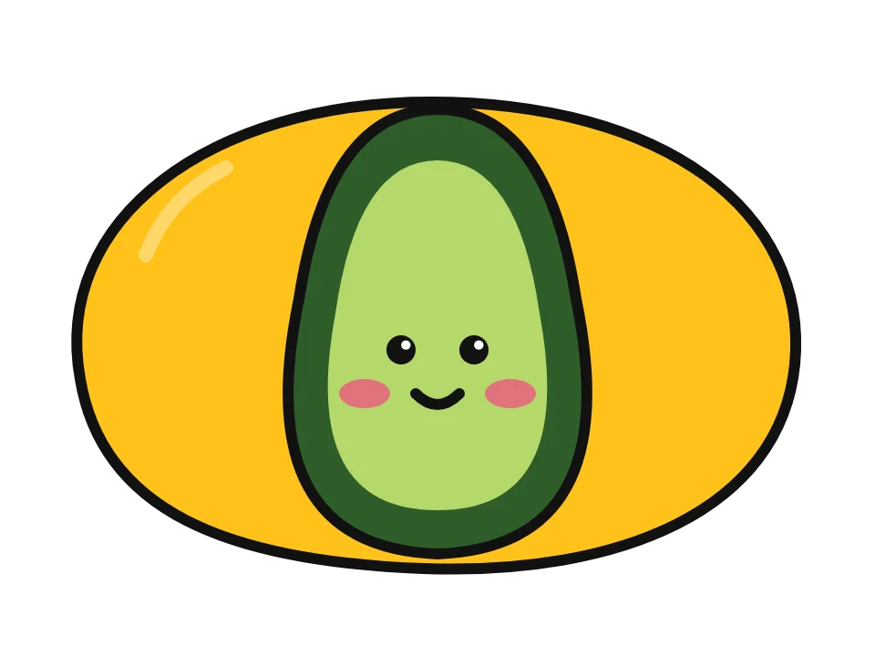 Whole avocado with a face: painted rock design sketch, a whole avocado with dark green skin and a little face