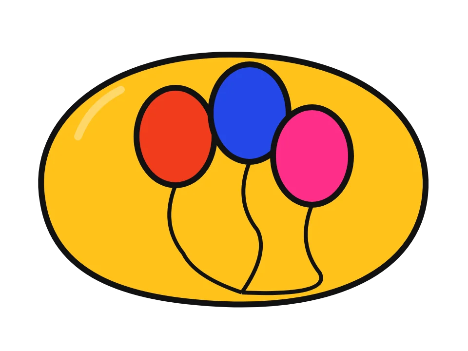 A bunch of balloons: painted rock design sketch, three party balloons in red, blue and pink with curly strings