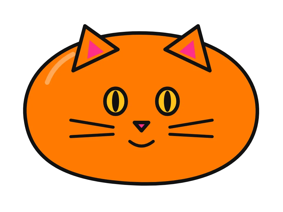 Cat pet rock: painted rock design sketch, a cat face with ears, whiskers and a pink nose