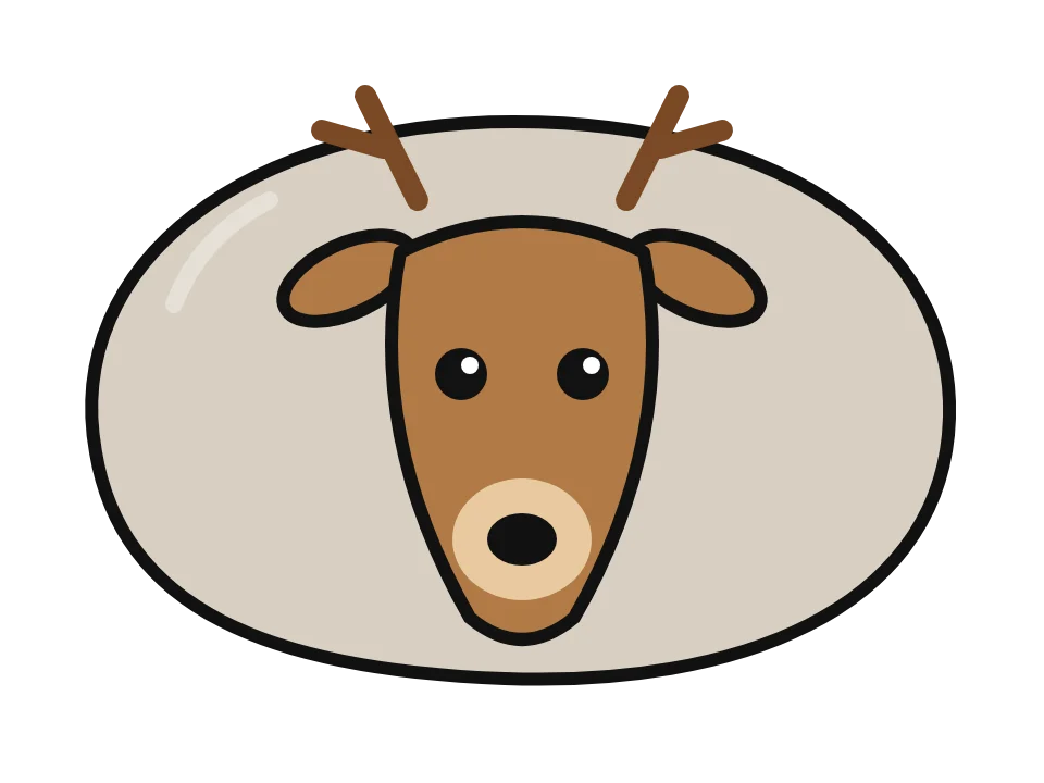 Cartoon deer face: painted rock design sketch, a brown deer face with antlers, big eyes and a black nose