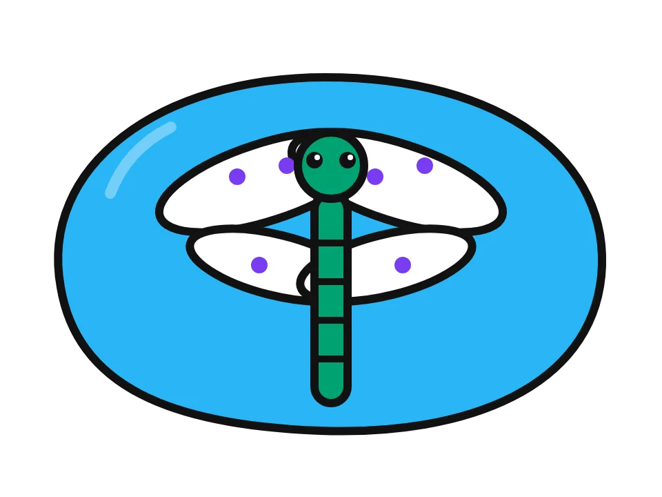 Cartoon dragonfly: painted rock design sketch, a dragonfly with a long striped body and four dotted wings