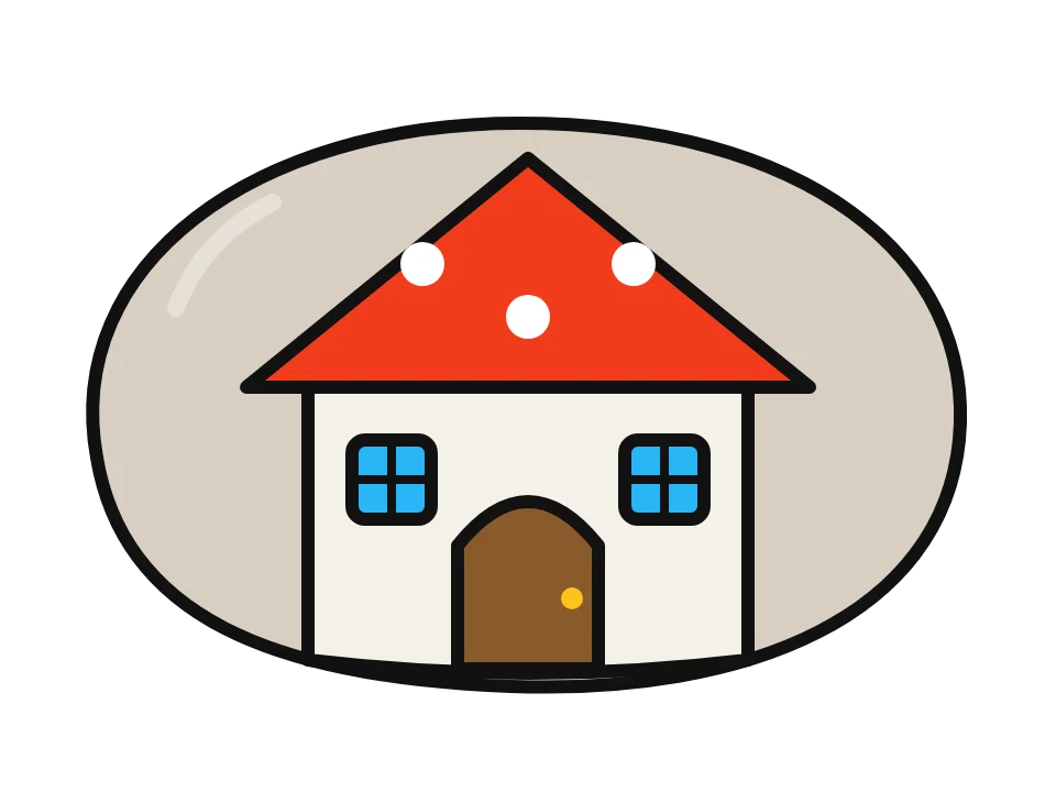 Mushroom fairy house: painted rock design sketch, a fairy house with a red roof, a round door and two windows