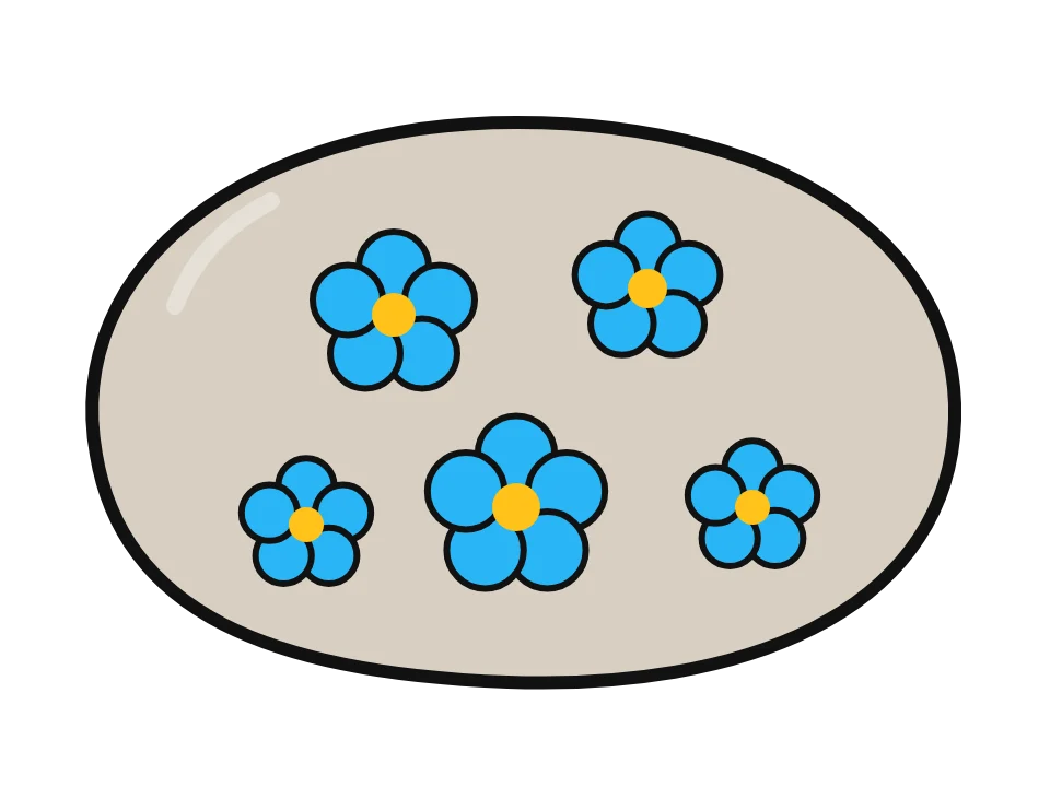 Forget-me-nots on natural stone: painted rock design sketch, small blue five-petal flowers with yellow centers