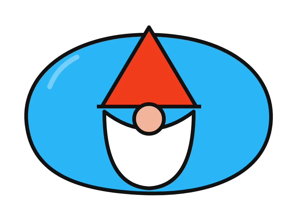 Gnome under a mushroom: painted rock design sketch, a garden gnome with a tall red hat, a round nose and a white beard