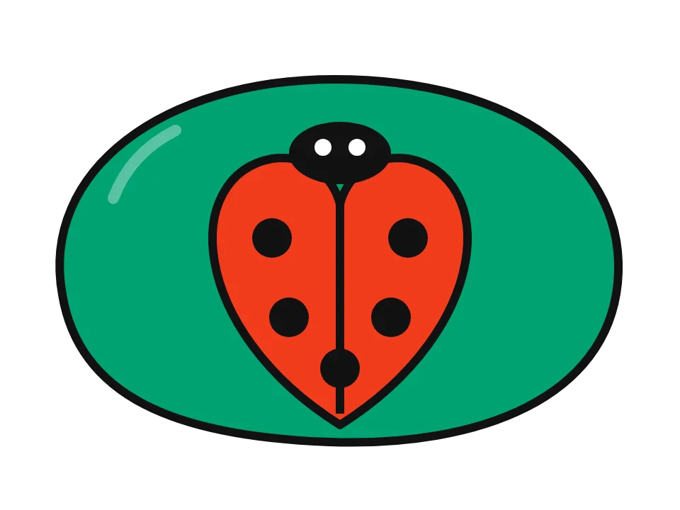 Heart-shaped ladybug: painted rock design sketch, a heart-shaped red ladybug with black spots on a green leaf