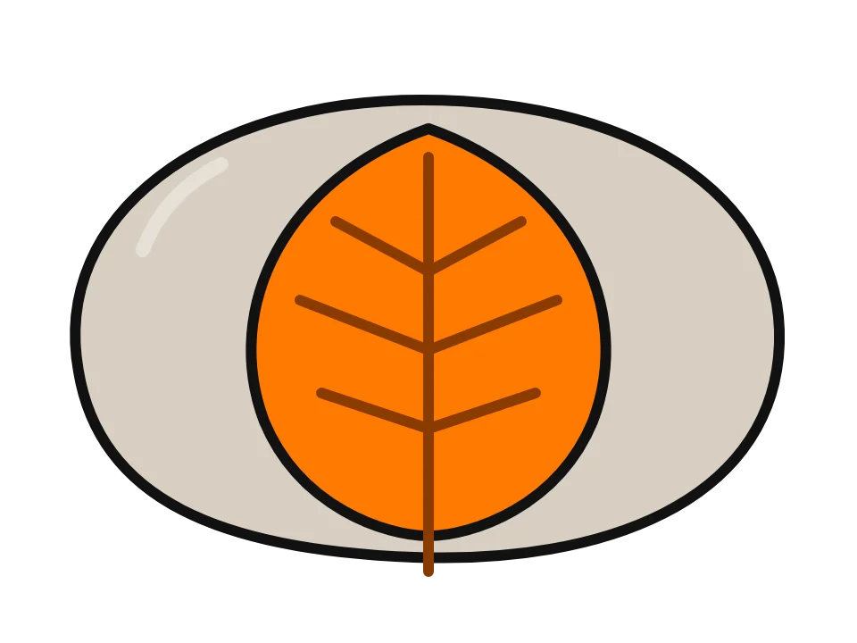 Spotted fawn on autumn colors: painted rock design sketch, an orange autumn leaf with a stem and veins