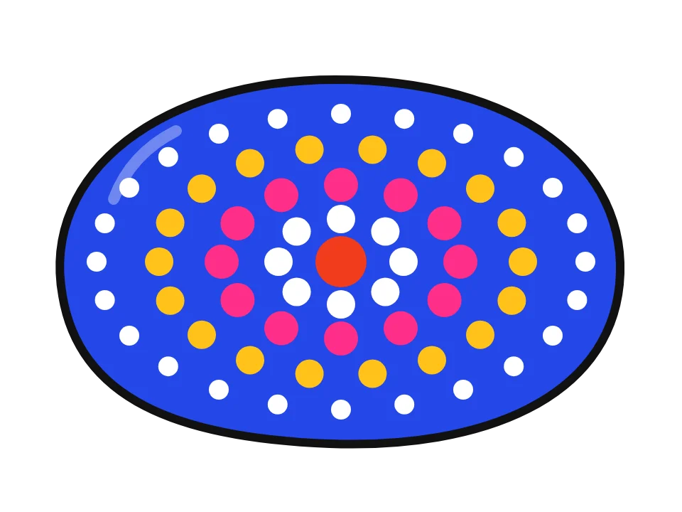 Radial dot pattern: painted rock design sketch, a dot mandala in rings of white, yellow, pink and red dots