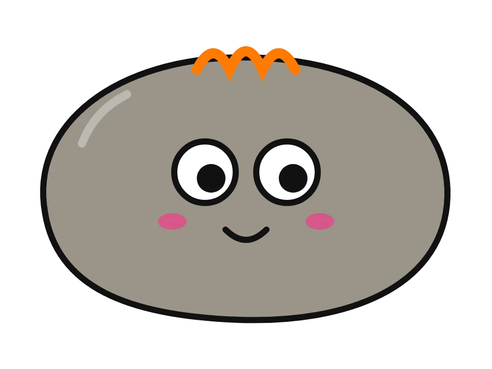 Classic pet rock face: painted rock design sketch, a grey pet rock with big eyes, a little smile and a tuft of yarn hair