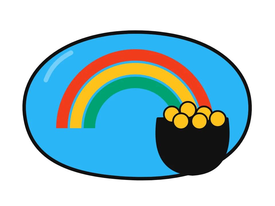 Rainbow and pot of gold: painted rock design sketch, a black pot of gold coins under a rainbow