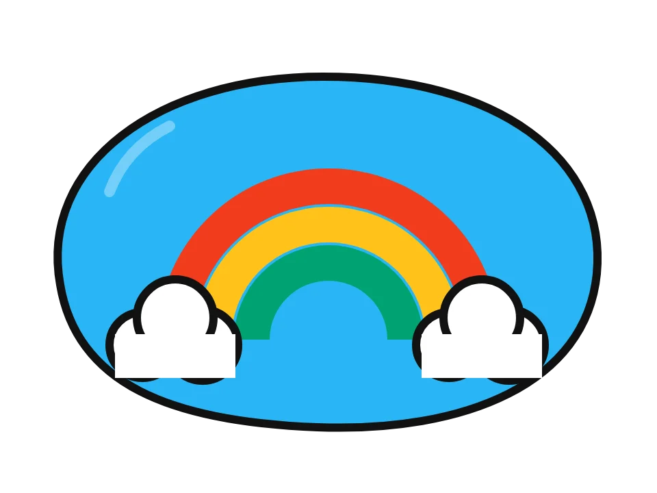 Rainbow arch with clouds: painted rock design sketch, a rainbow with two white clouds
