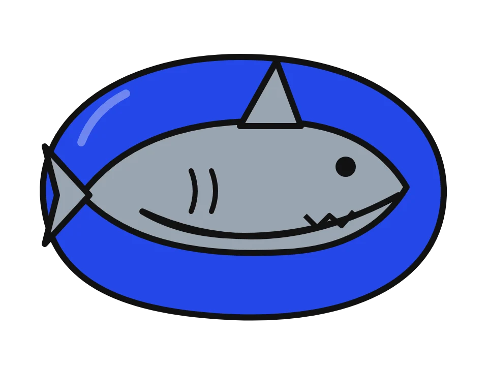 Cartoon grey shark: painted rock design sketch, a grey cartoon shark with a white belly and a toothy grin