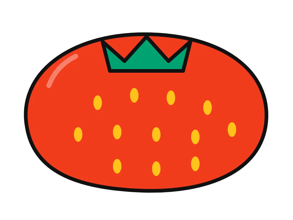 Little strawberry: painted rock design sketch, a strawberry with yellow seeds and green leaves