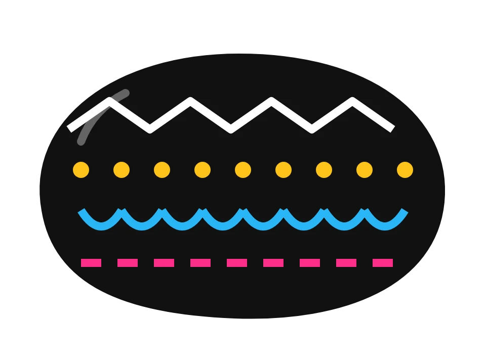 Striped rainbow stone: painted rock design sketch, bands of white zigzags, dots and scallops across a black rock