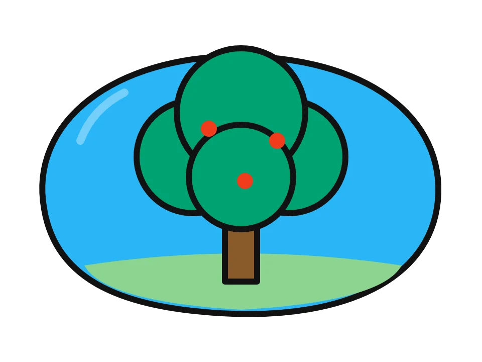 Leafy summer tree: painted rock design sketch, a round leafy green tree with a brown trunk on grass