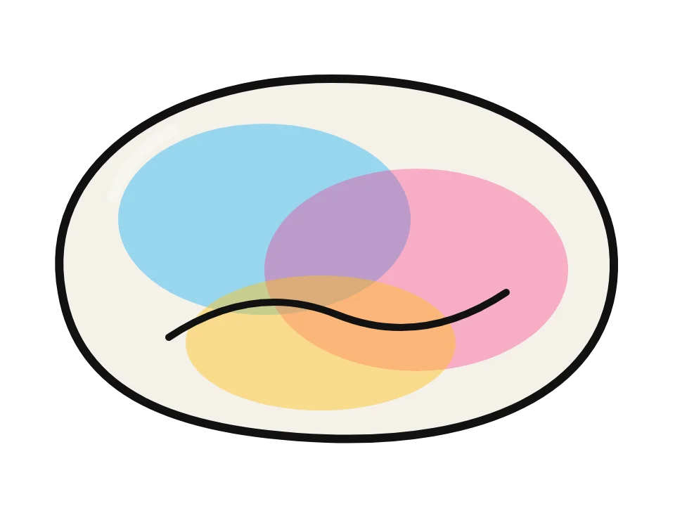 Soft wash with a line: painted rock design sketch, soft watercolor washes of blue, pink and yellow on a white base