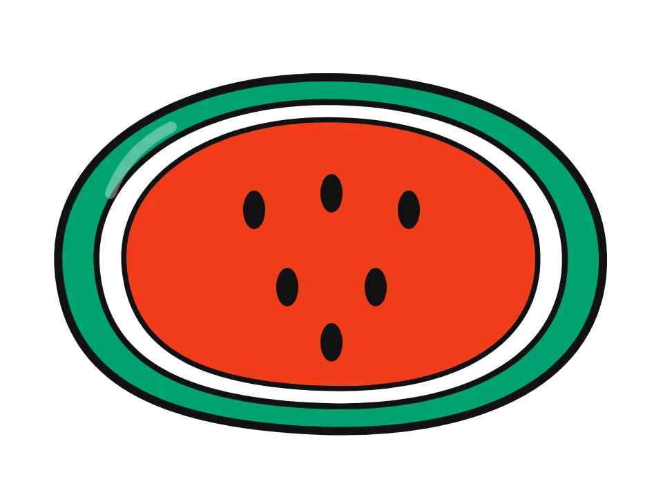 Classic watermelon slice: painted rock design sketch, a watermelon slice with black seeds