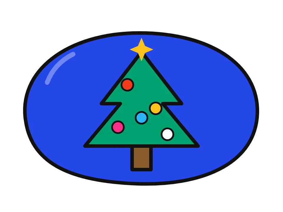 Christmas tree: painted rock design sketch, a green Christmas tree with a yellow star and colored ornaments