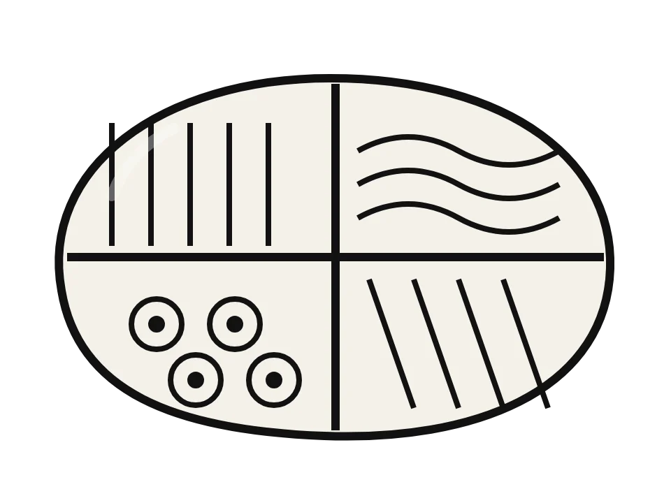 Zentangle-style sections: painted rock design sketch, black line patterns in sections: grids, waves, circles and stripes